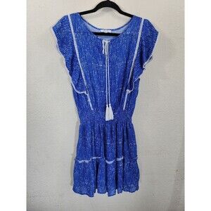 BTFL-life Blue White Printed Flutter Sleeve Ruffle Mini Dress Large Boho Rayon